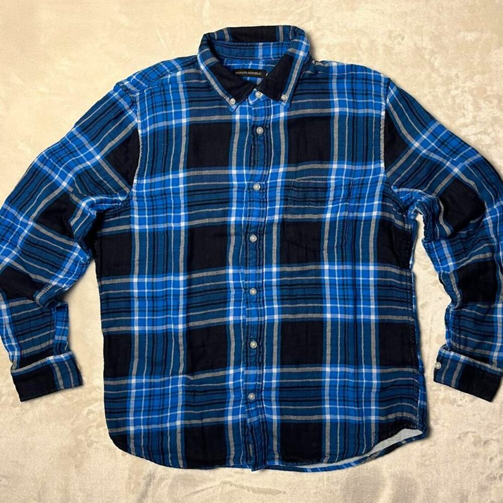Banana Republic 2 Layer Flannel Untucked Slim Fit Men's L Blue & White Nautical - Picture 1 of 9